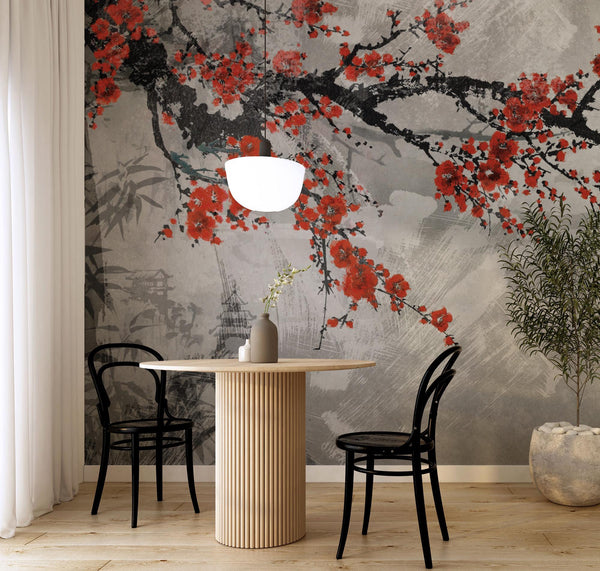 Red Floral Vines Wallpaper: Romantic Illustration, Peel & Stick Wall Mural