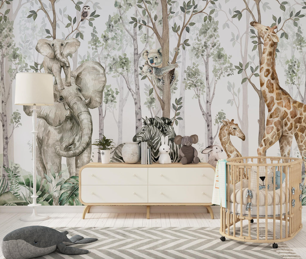 Tropical Forest Animal Wallpaper: Peel and Stick Nursery Wall Mural - View 5