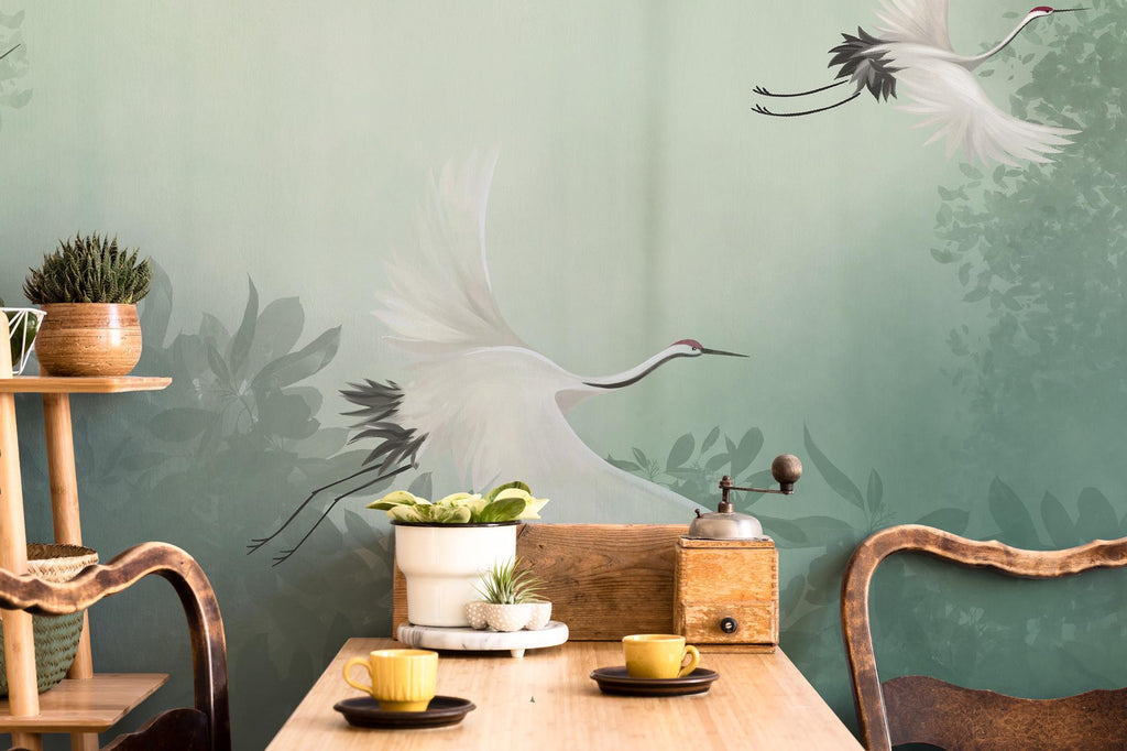Crane Birds Peel and Stick Wallpaper: Vintage Wall Mural - View 2