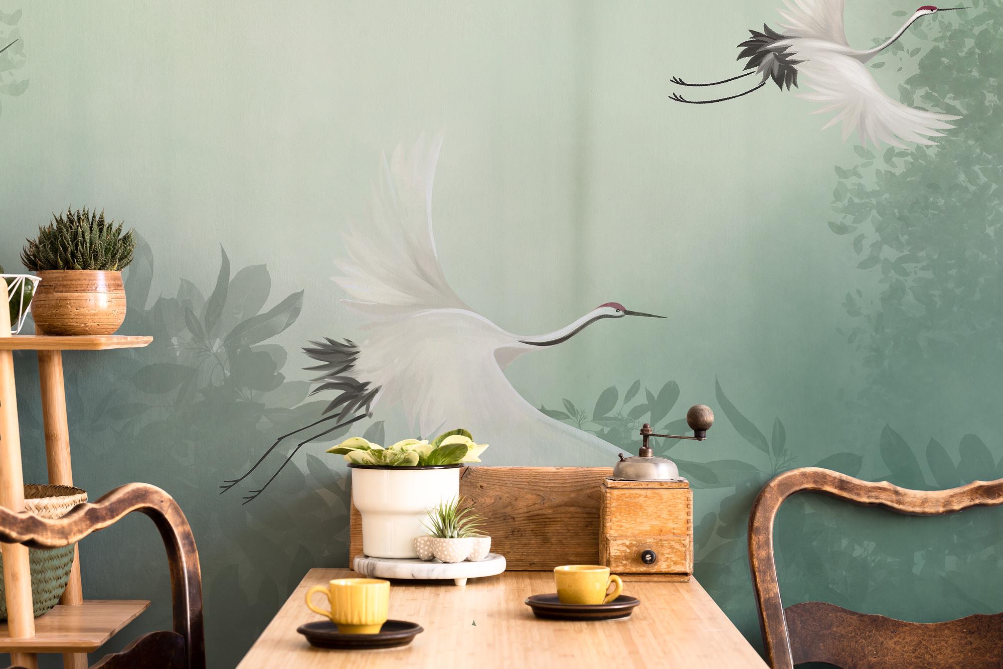 Crane Birds Peel and Stick Wallpaper: Vintage Wall Mural - View 2