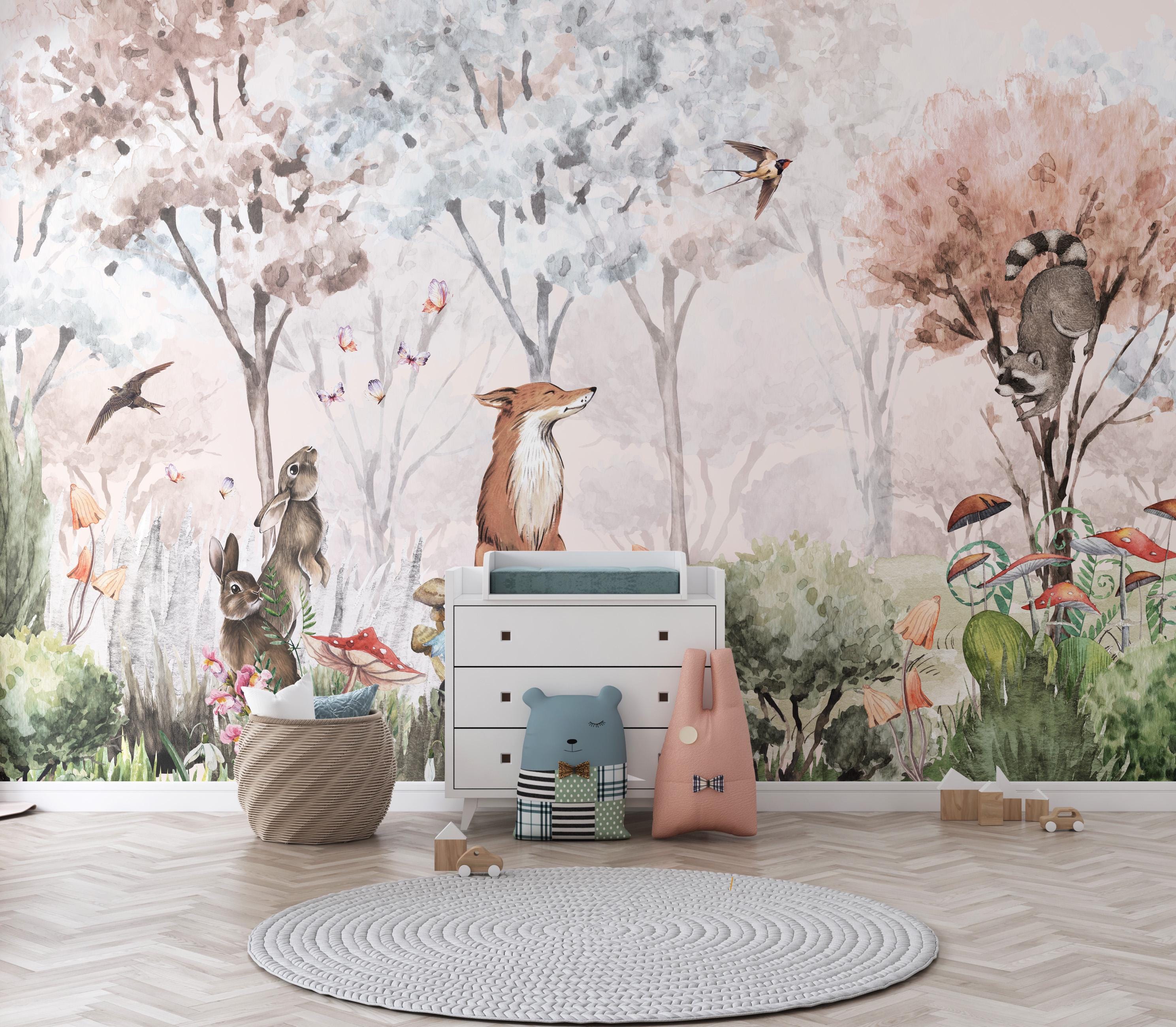 Woodland Animals Peel and Stick Wallpaper, Kids Forest Nursery Mural, Renter Friendly Decor