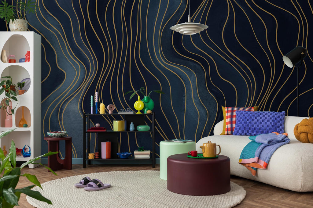 Blue Geometric Wallpaper: Navy & Gold Peel and Stick Wall Mural - View 4