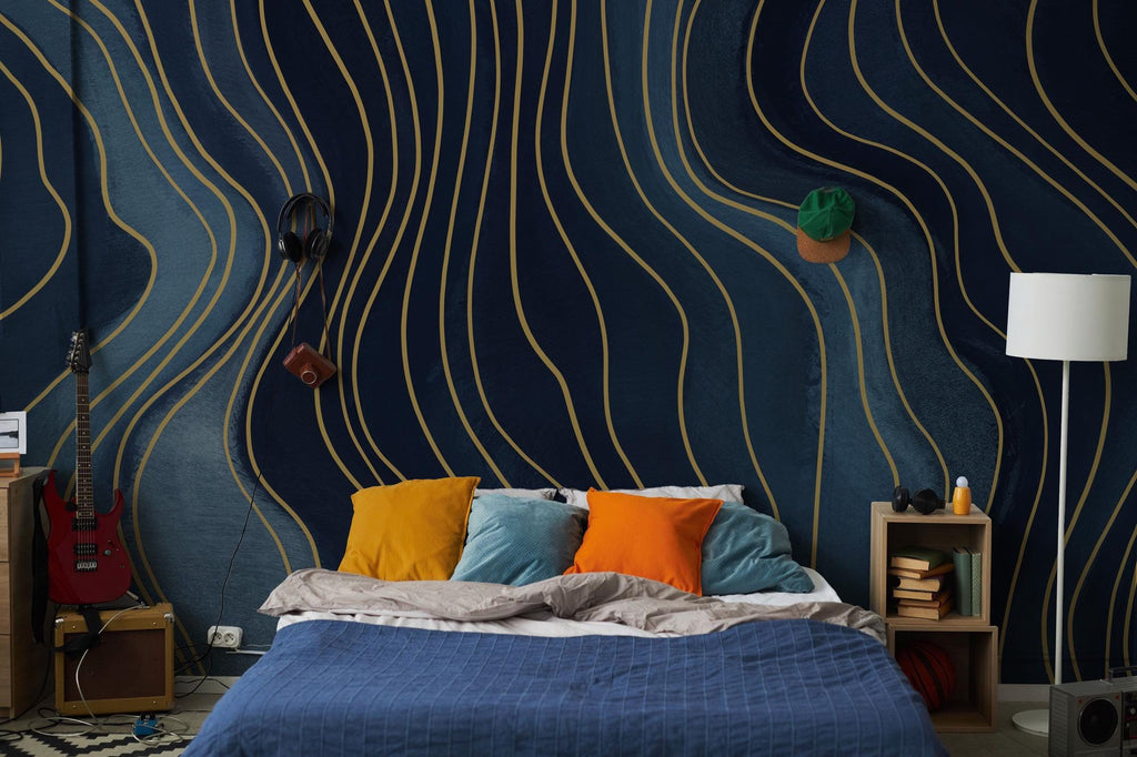 Blue Geometric Wallpaper: Navy & Gold Peel and Stick Wall Mural - View 2