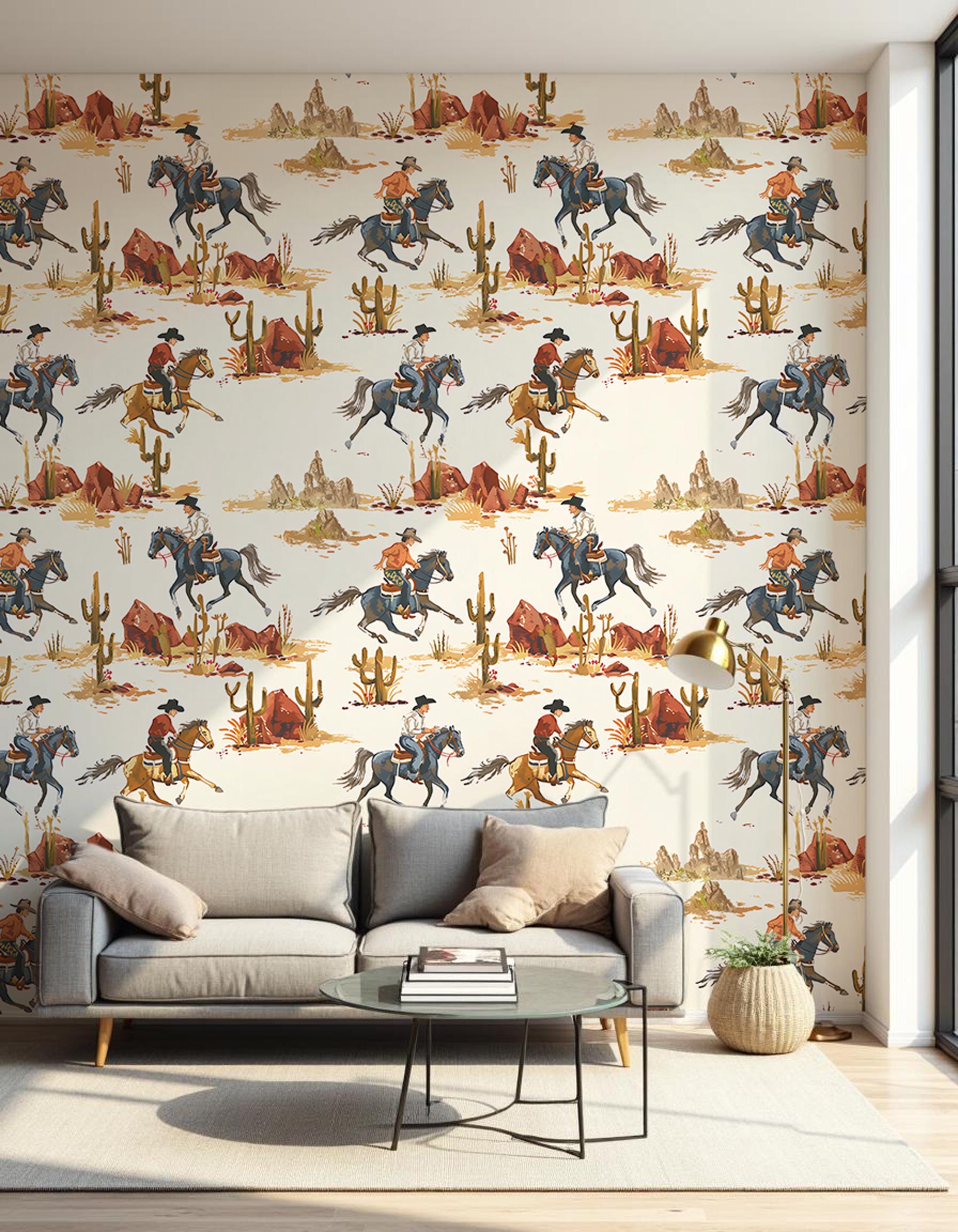Texas Cowboy Peel and Stick Wallpaper: Desert Cactus Wall Mural - View 5