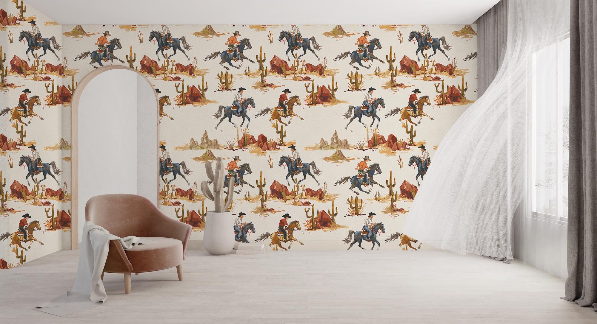 Texas Cowboy Peel and Stick Wallpaper: Desert Cactus Wall Mural - View 6