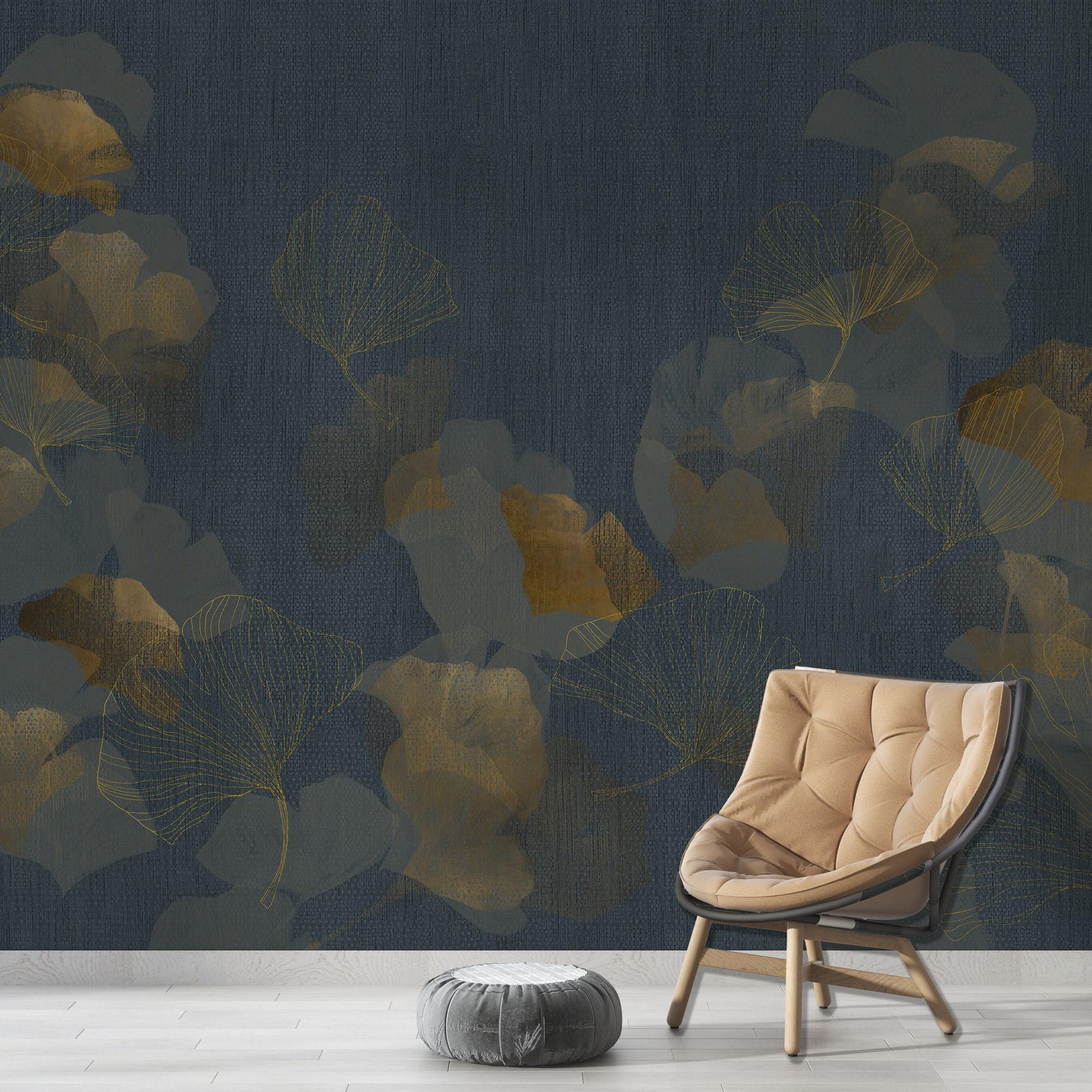 Navy and Gold Ginkgo Leaf Wallpaper: Luxe Peel and Stick Wall Mural - View 6
