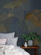 Navy and Gold Ginkgo Leaf Wallpaper: Luxe Peel and Stick Wall Mural - View 2
