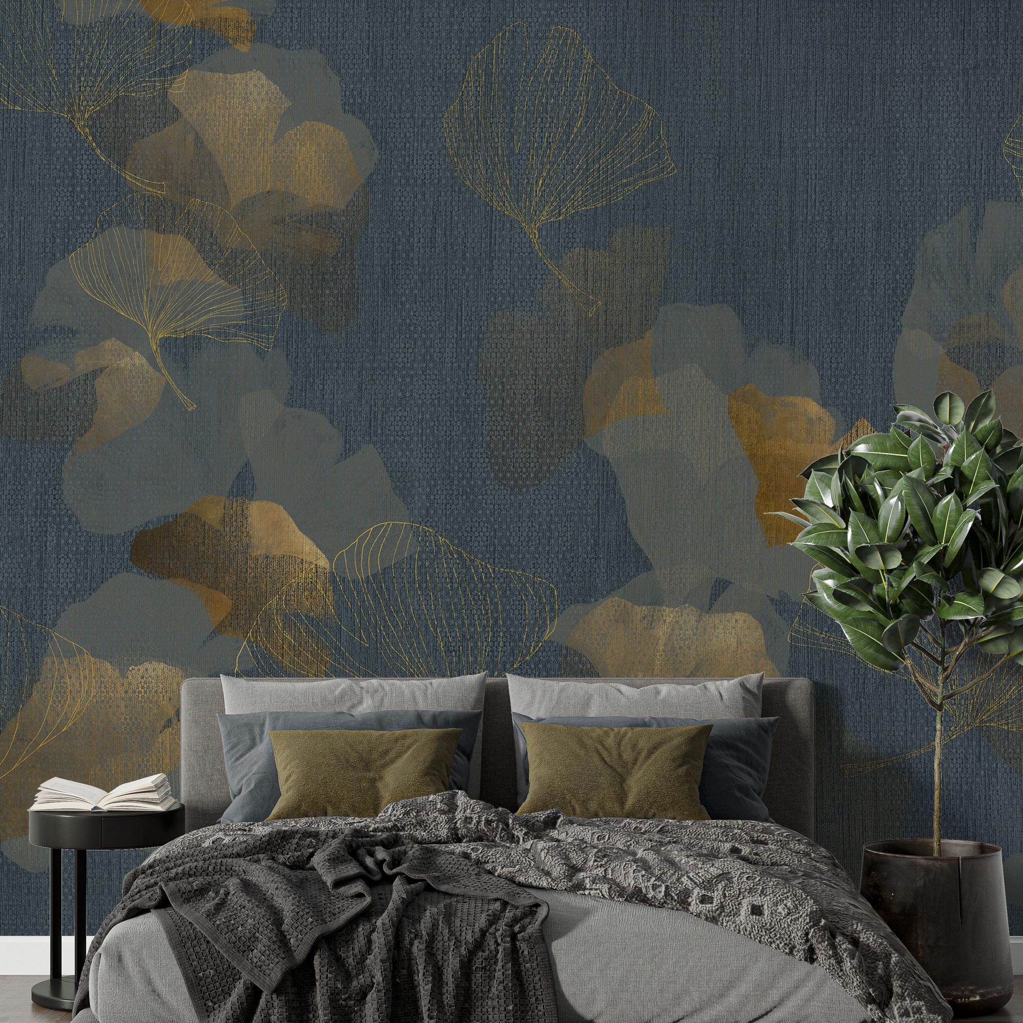 Navy and Gold Ginkgo Leaf Wallpaper: Luxe Peel and Stick Wall Mural - View 3