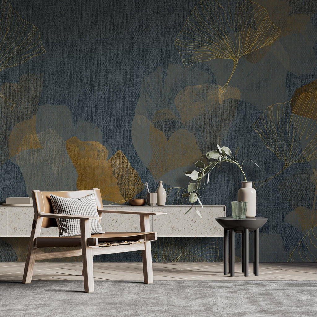 Navy and Gold Ginkgo Leaf Wallpaper: Luxe Peel and Stick Wall Mural - View 4