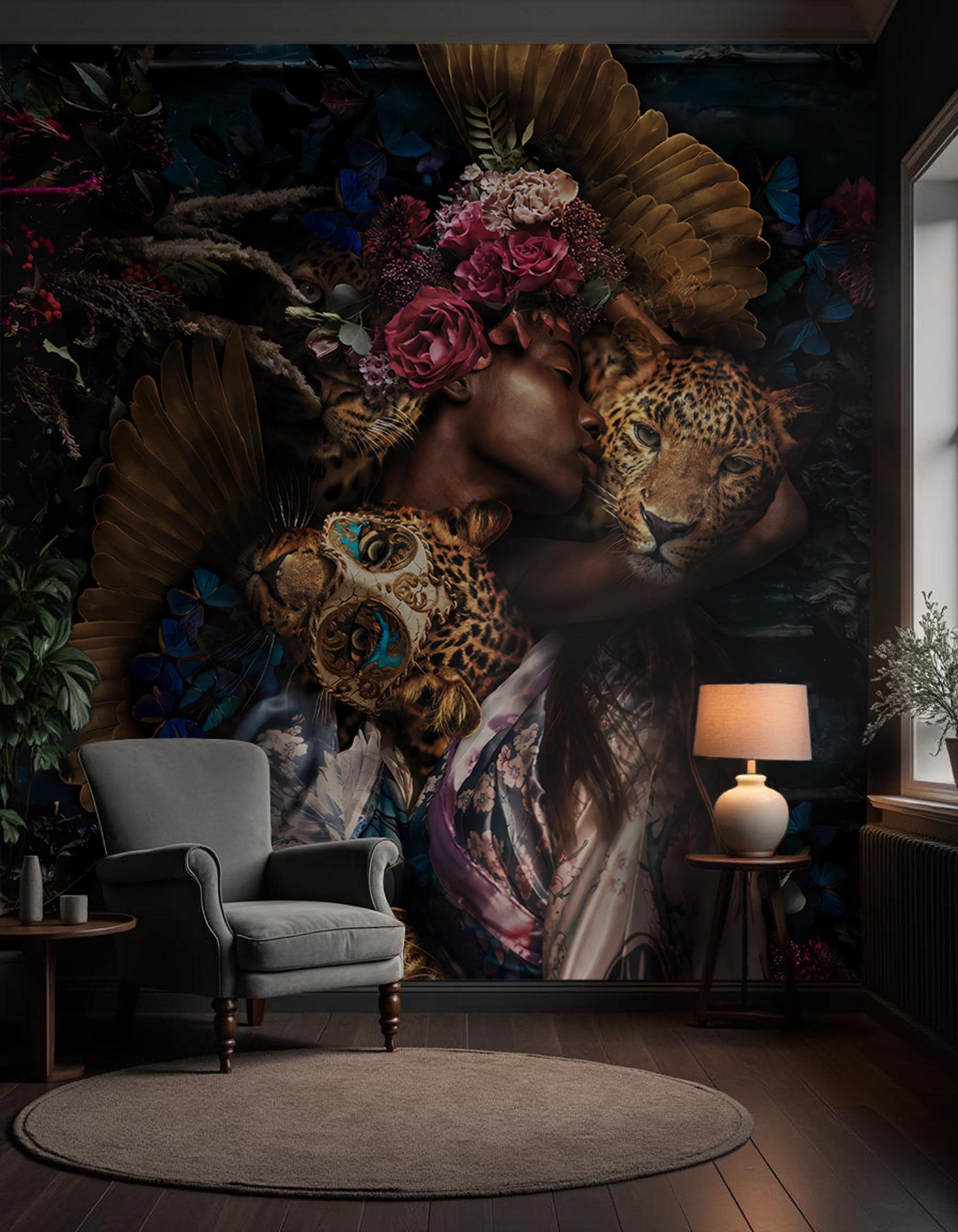Black Women and Leopard Peel and Stick Wallpaper: Rose Wall Mural - View 2