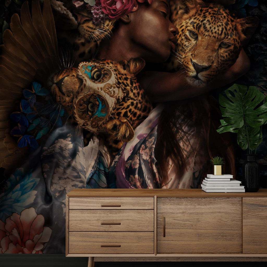 Black Women and Leopard Peel and Stick Wallpaper: Rose Wall Mural - View 3