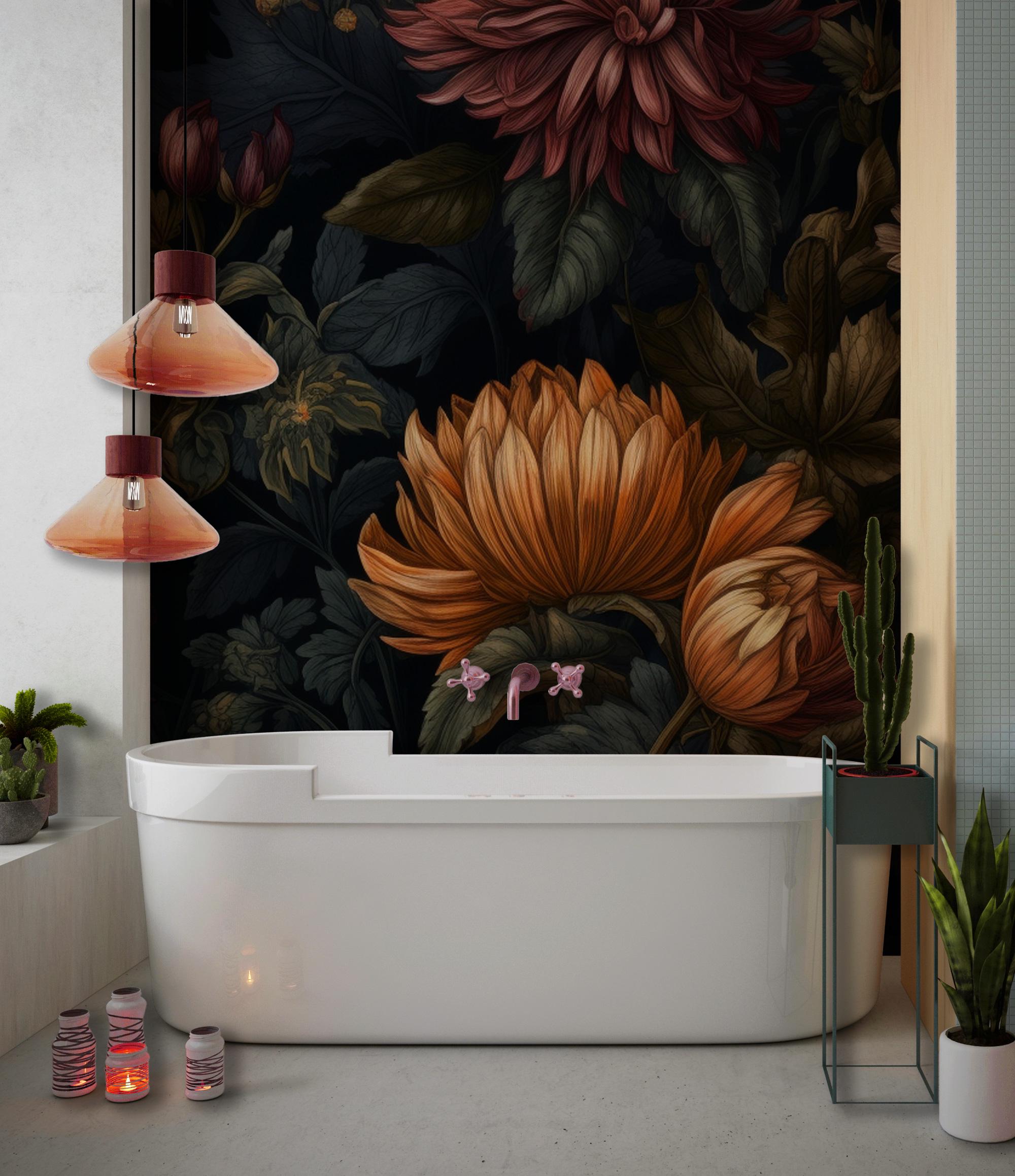Dark Floral Wallpaper Mural: Abstract Peony, Bold Boho Decor - View 3