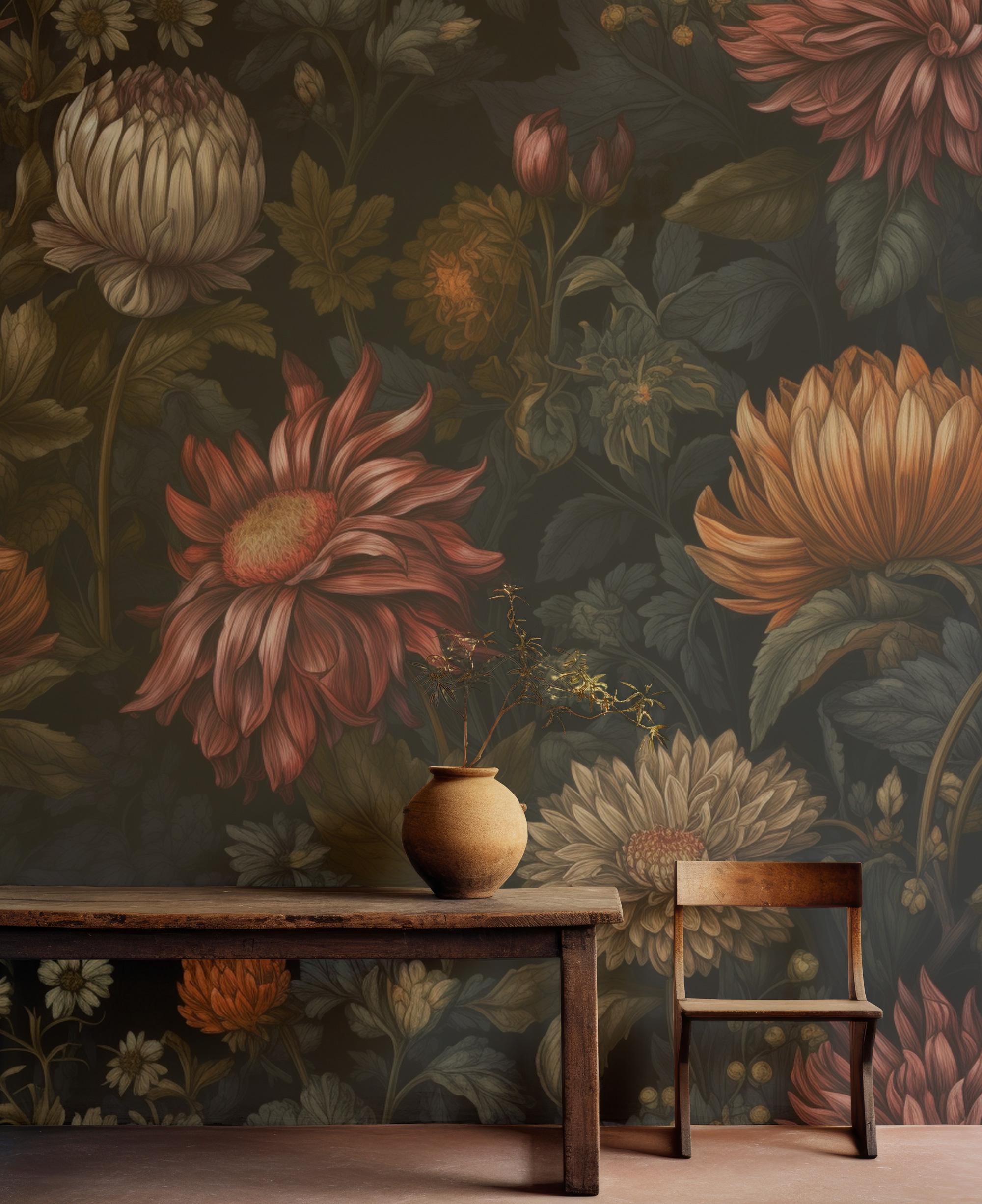Dark Floral Wallpaper Mural: Abstract Peony, Bold Boho Decor - View 5
