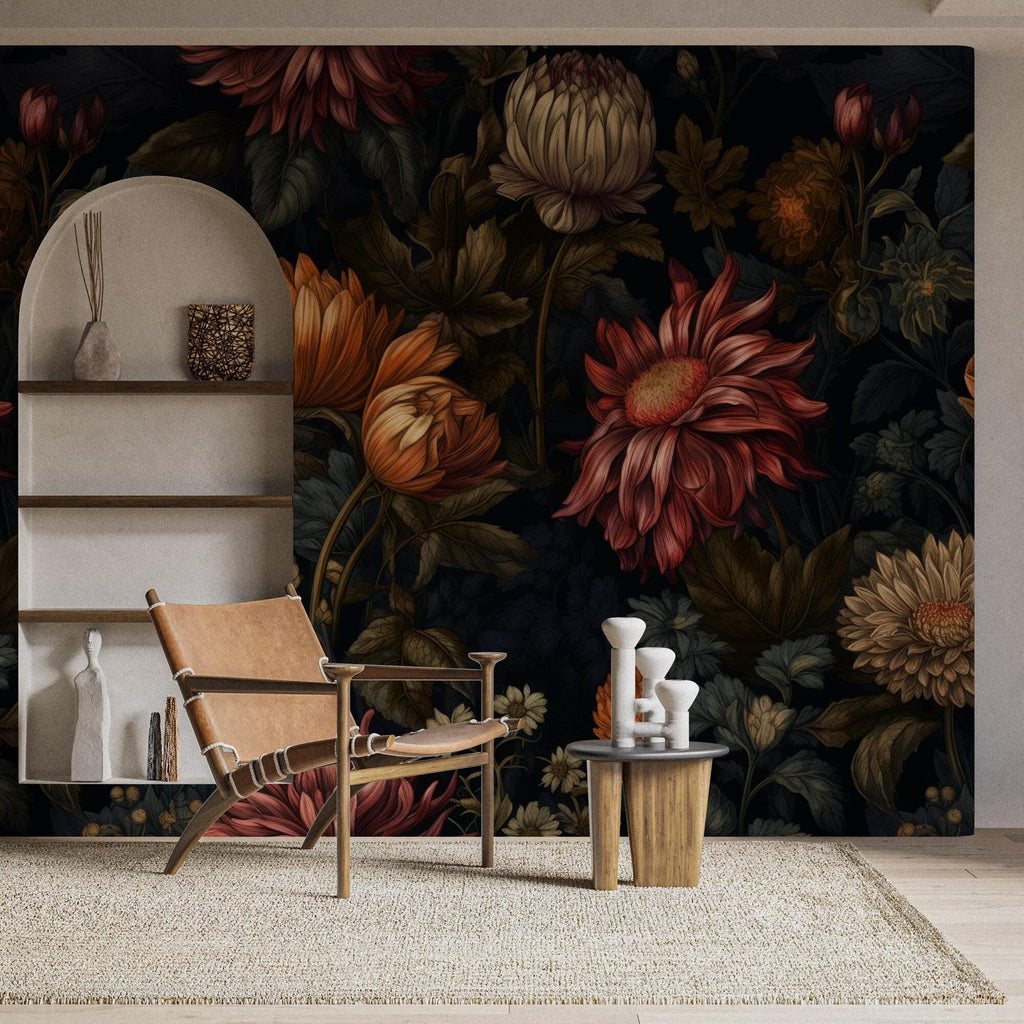 Dark Floral Wallpaper Mural: Abstract Peony, Bold Boho Decor - View 4