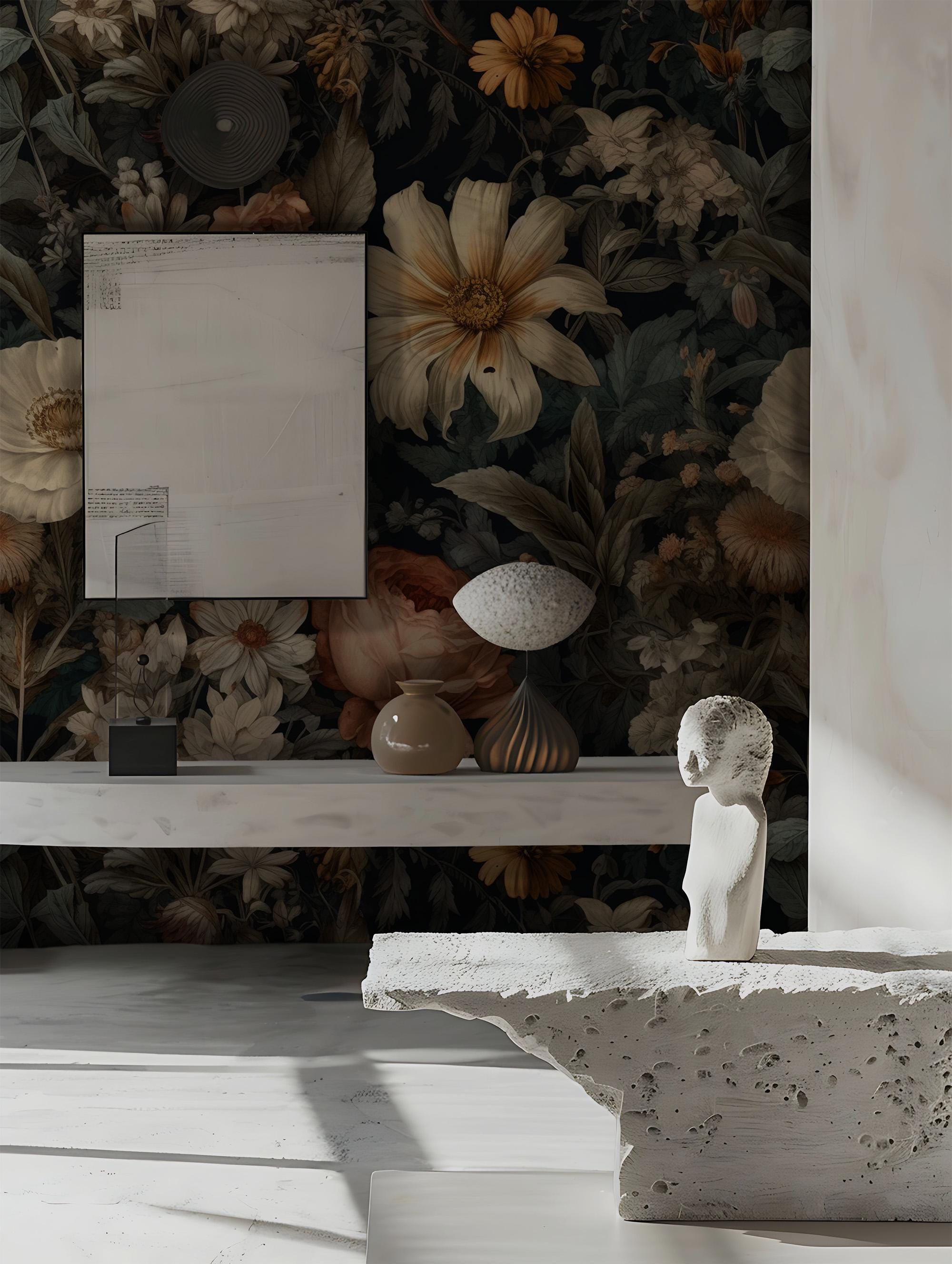 Dark Floral Peel and Stick Wall Mural, Peony Wallpaper - View 7