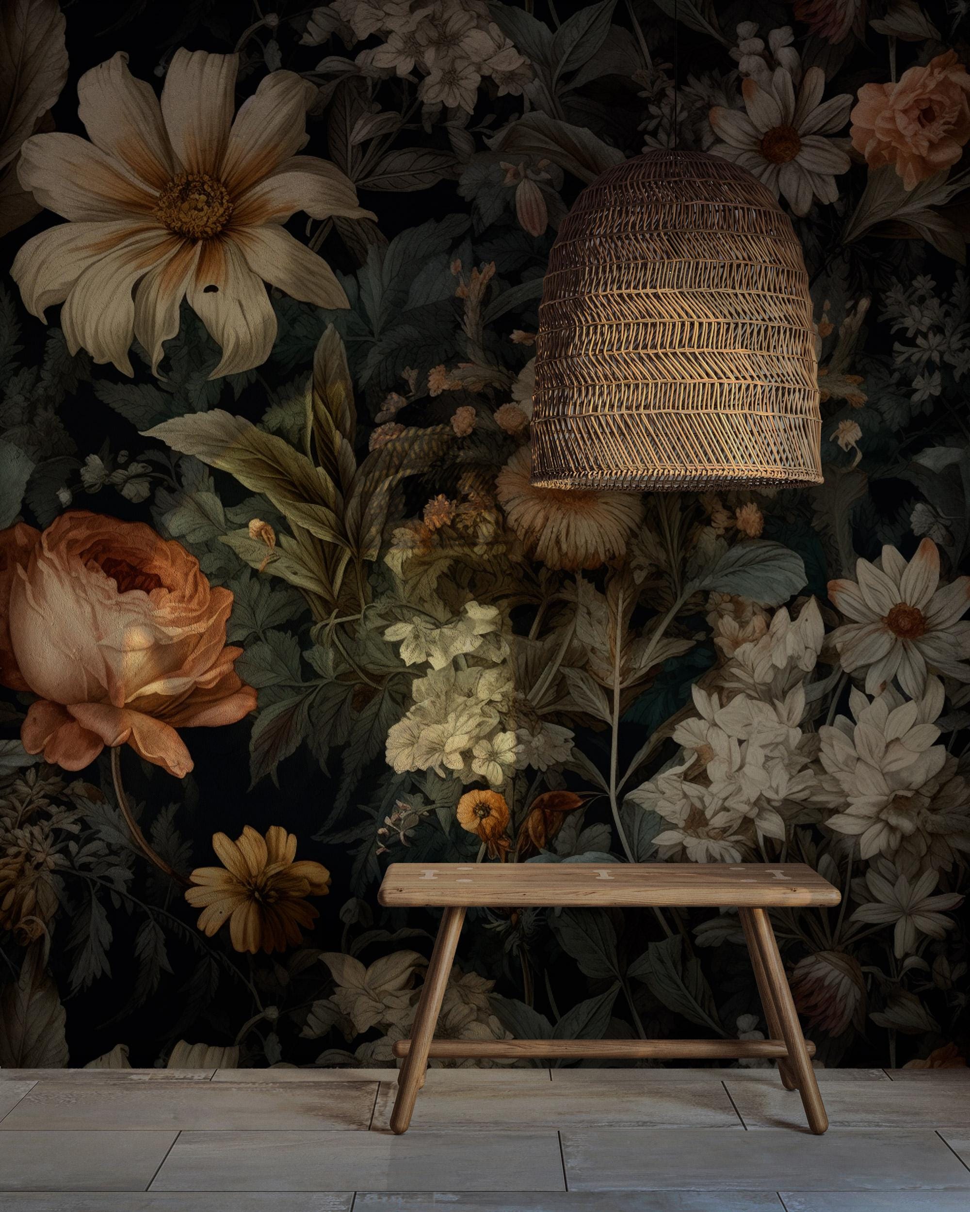 Dark Floral Peel and Stick Wall Mural, Peony Wallpaper - View 4