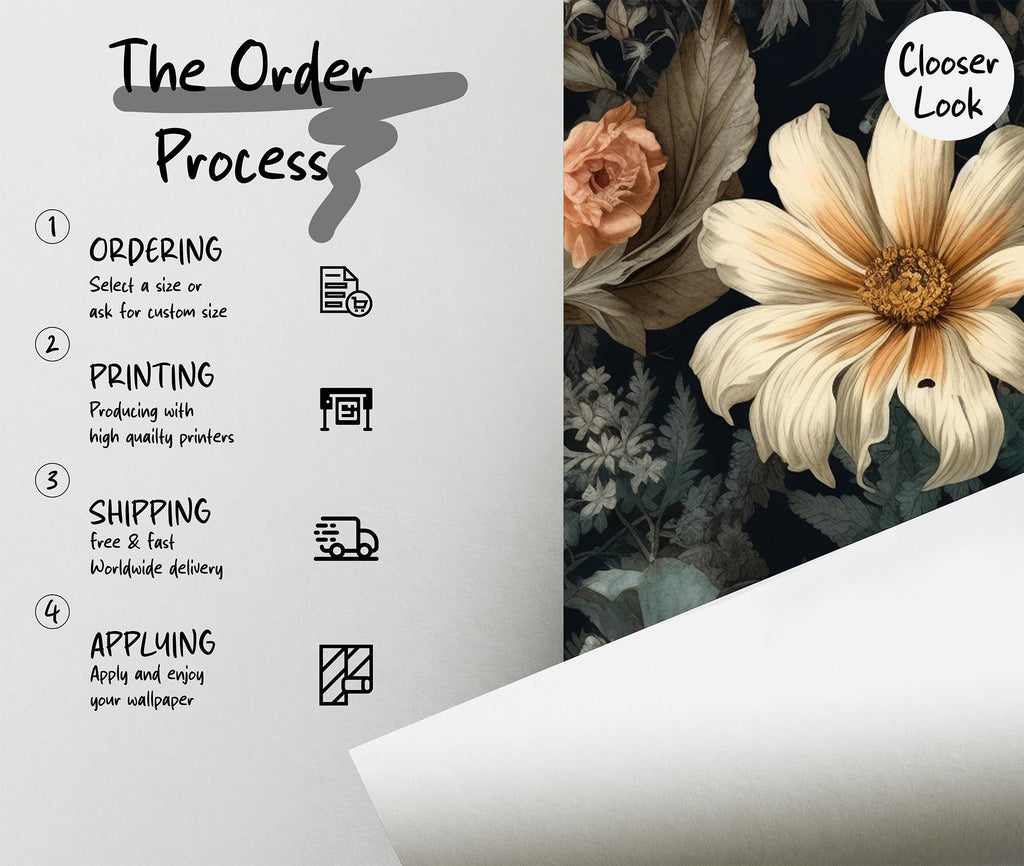 Dark Floral Peel and Stick Wall Mural, Peony Wallpaper - View 8