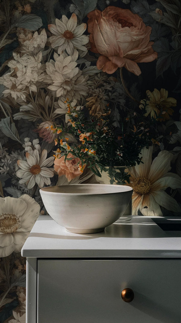 Dark Floral Peel and Stick Wall Mural, Peony Wallpaper