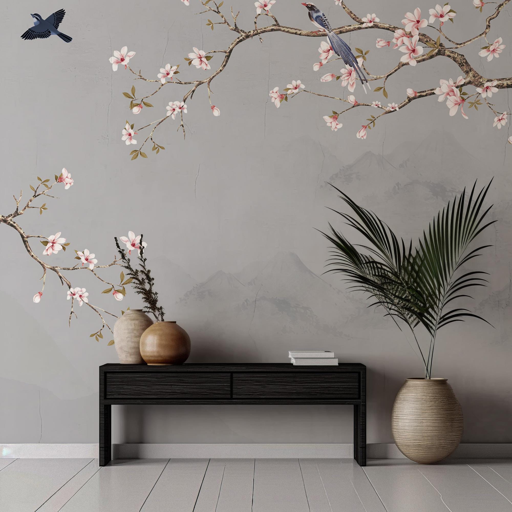 Cherry Blossom Wall Mural: Vintage Chinoiserie Floral Wallpaper (Peel and Stick) - View 3