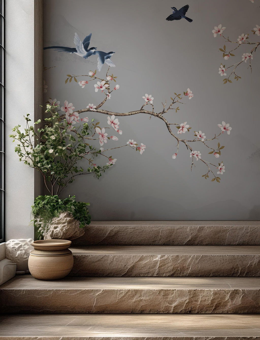 Cherry Blossom Wall Mural: Vintage Chinoiserie Floral Wallpaper (Peel and Stick) - View 4