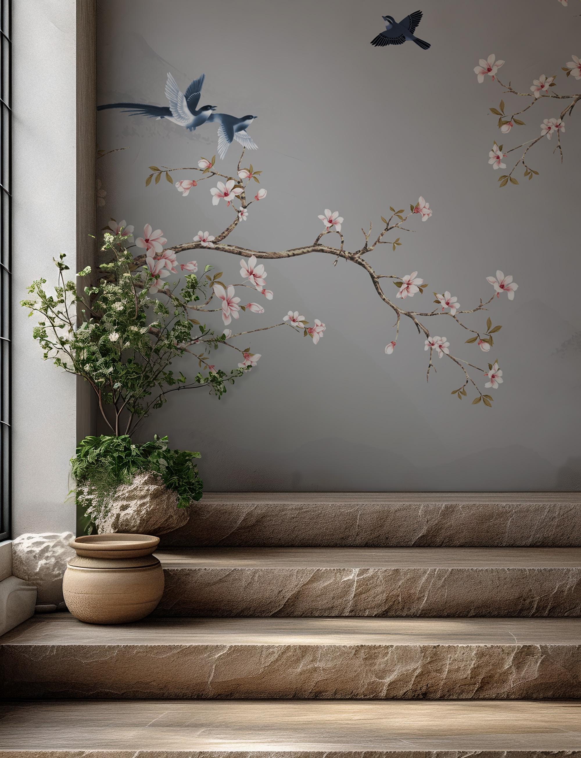 Cherry Blossom Wall Mural: Vintage Chinoiserie Floral Wallpaper (Peel and Stick) - View 4