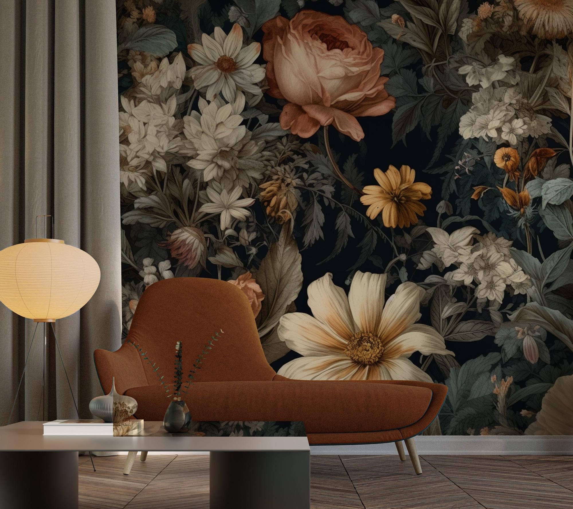 Dark Floral Peel and Stick Wall Mural, Peony Wallpaper - View 5