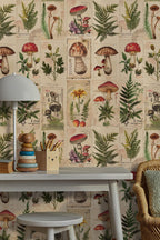 Mushroom Botanical Wallpaper: Beige Secret Garden Peel and Stick