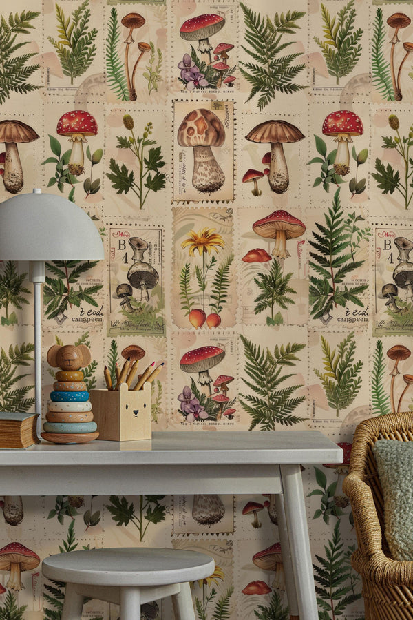 Mushroom Botanical Wallpaper: Beige Secret Garden Peel and Stick