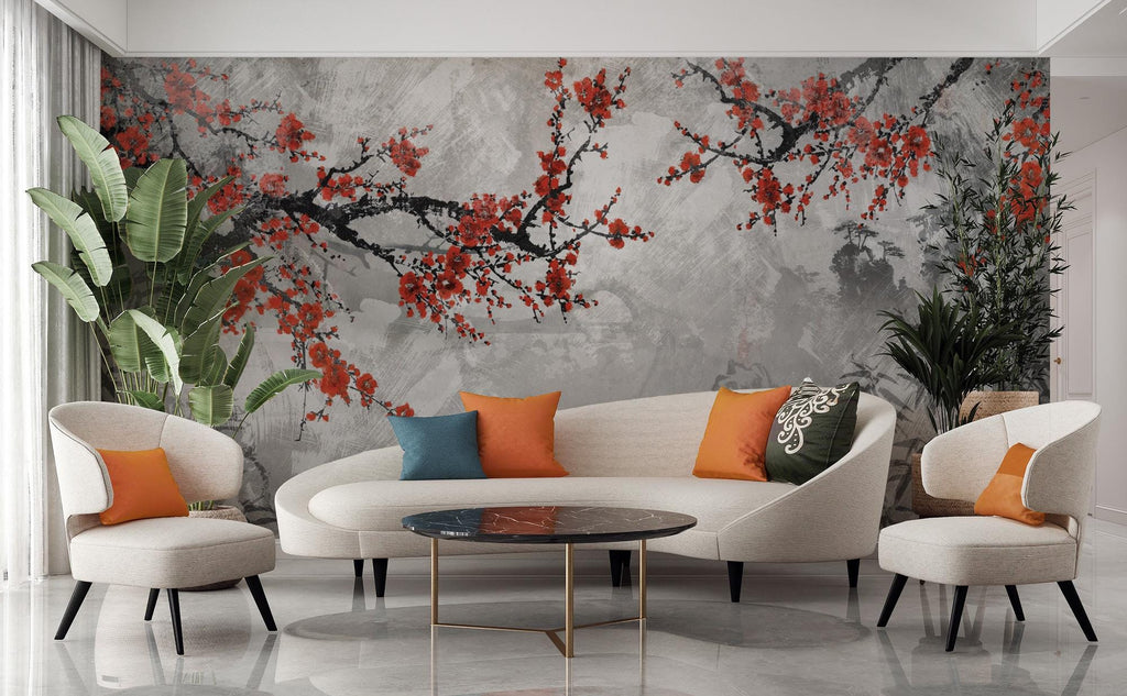 Red Floral Vines Wallpaper: Romantic Illustration, Peel & Stick Wall Mural - View 3