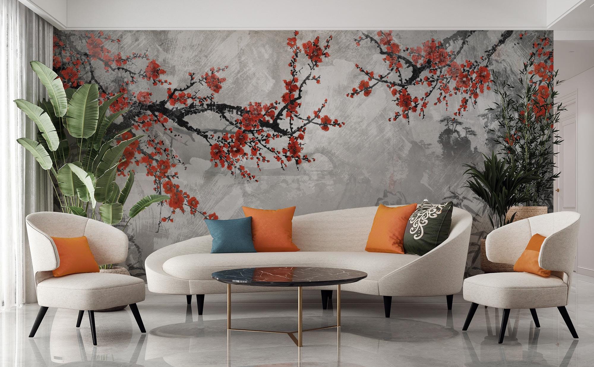 Red Floral Vines Wallpaper: Romantic Illustration, Peel & Stick Wall Mural - View 3