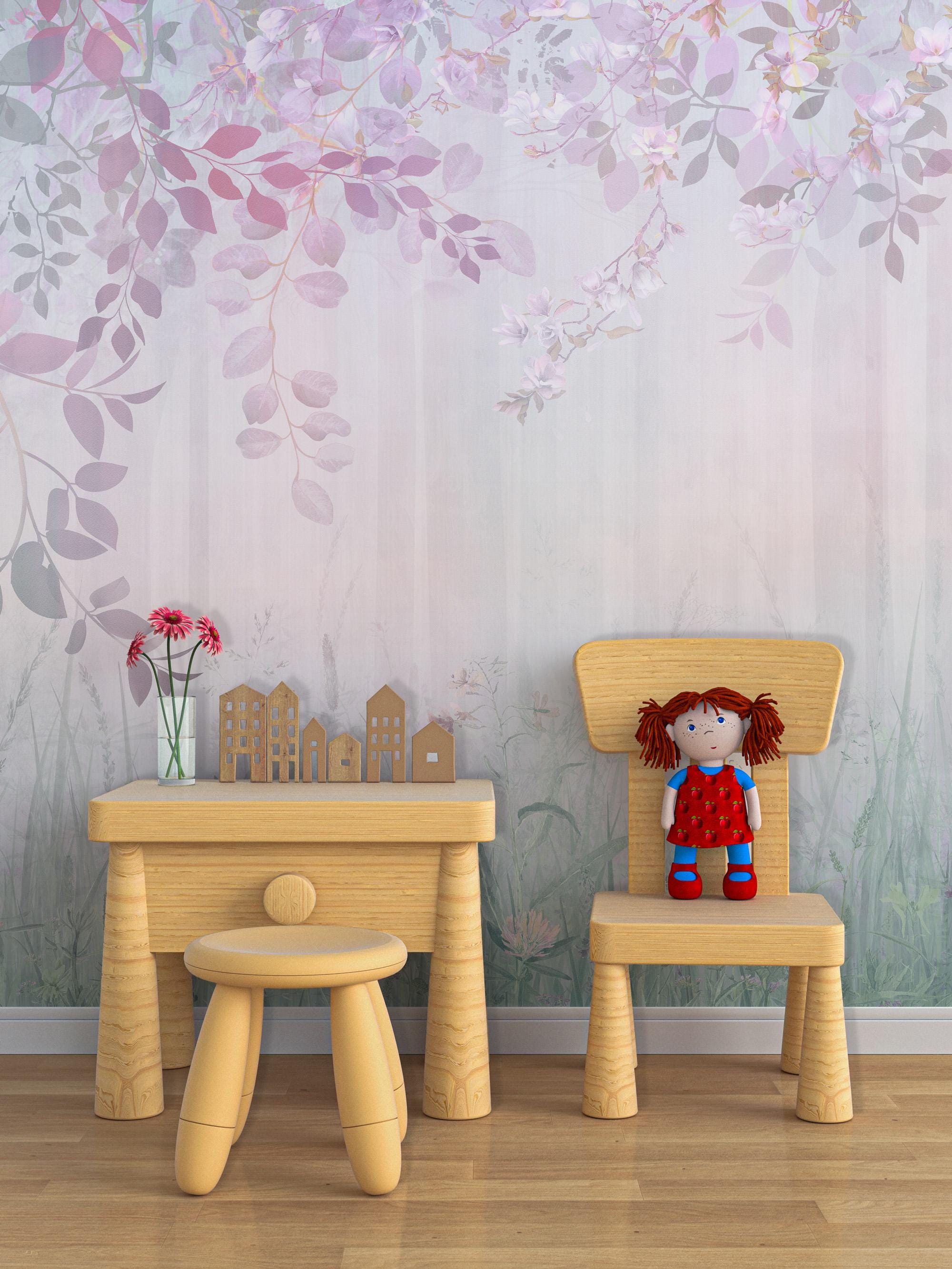 Soft Pastel Floral Wallpaper Mural: Whimsical Kids' Room Decor, Peel and Stick - View 4