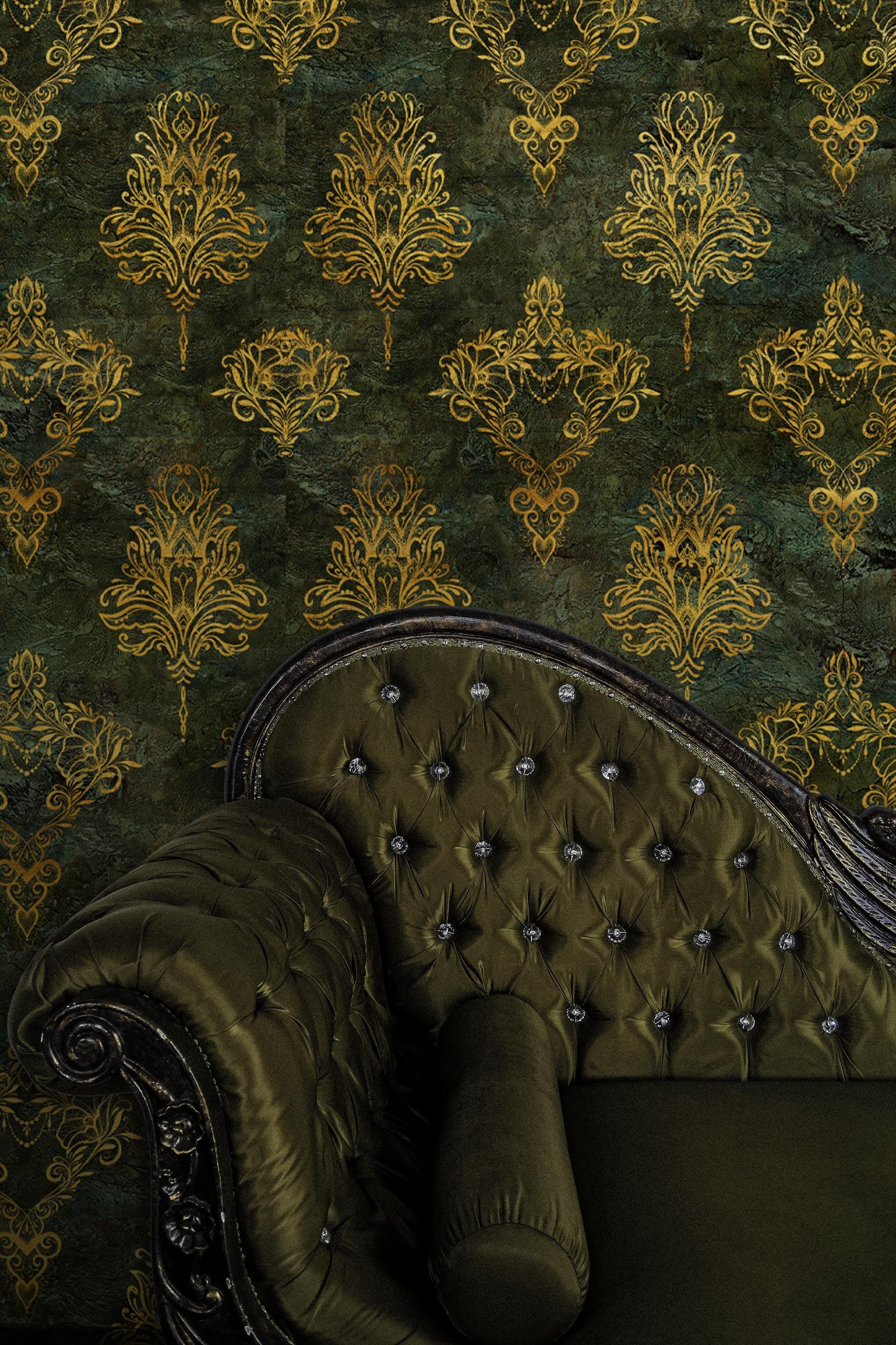 Luxury Green Damask Wallpaper: Victorian Baroque Wall Mural - View 5