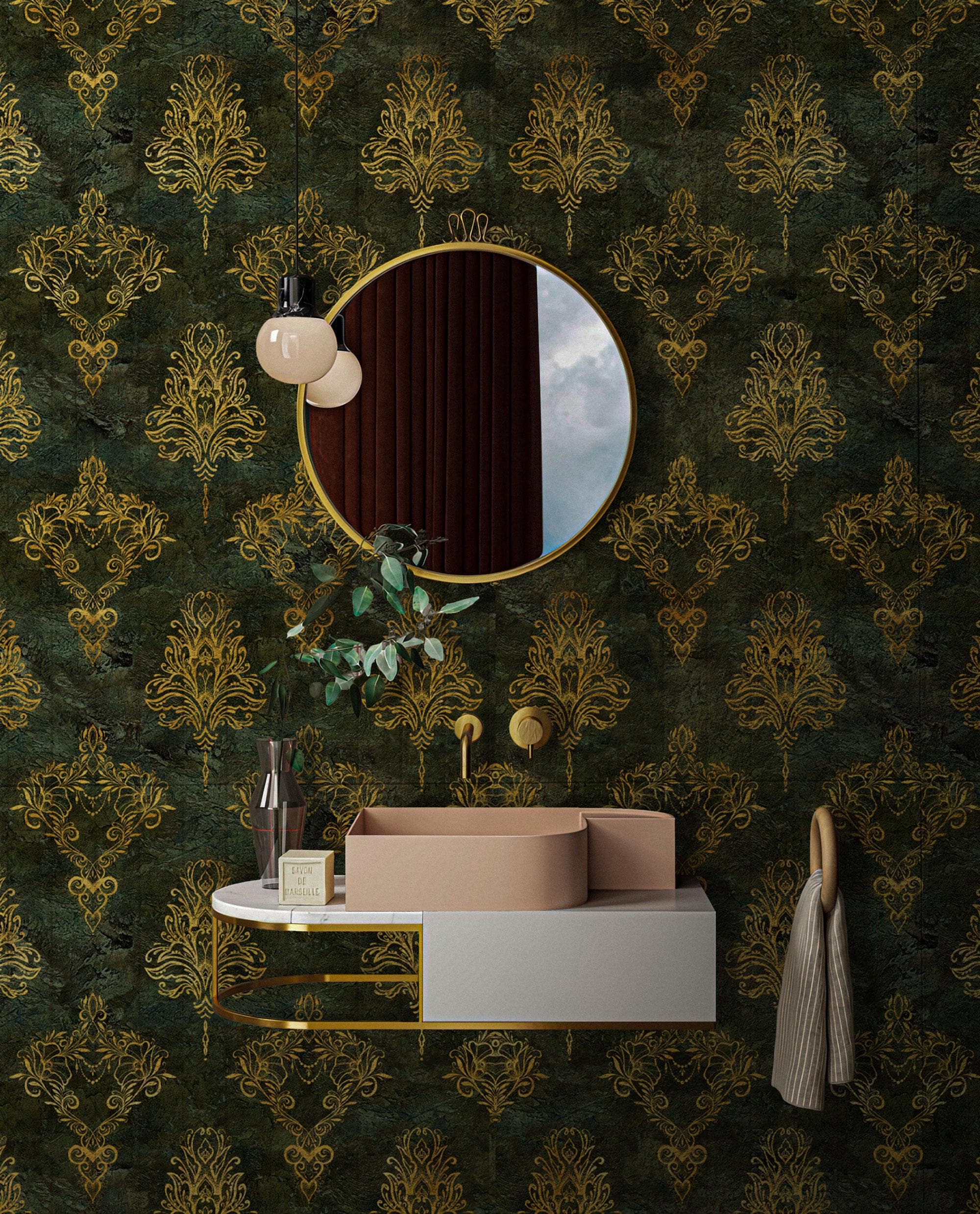 Luxury Green Damask Wallpaper: Victorian Baroque Wall Mural - View 3