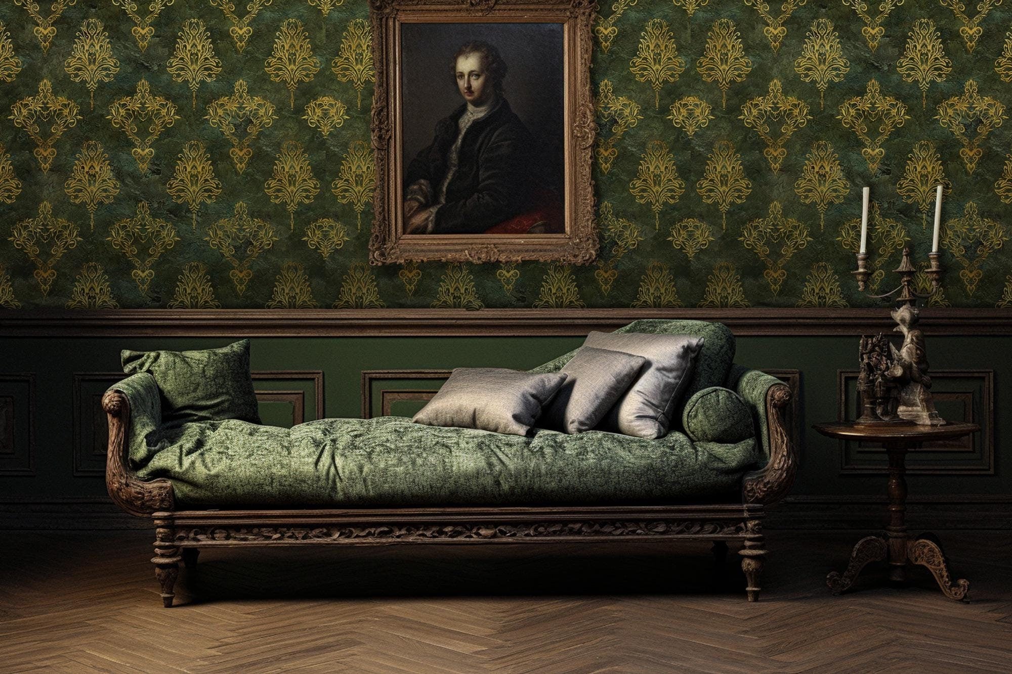 Luxury Green Damask Wallpaper: Victorian Baroque Wall Mural