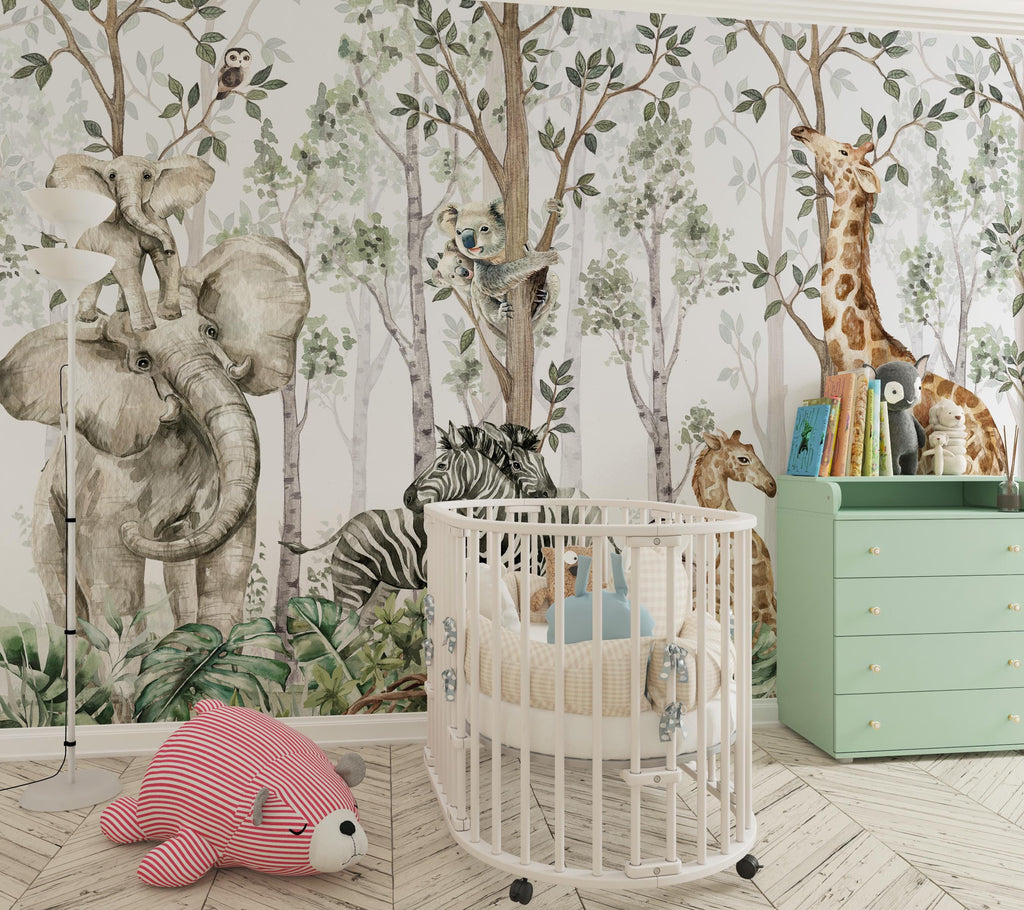 Tropical Forest Animal Wallpaper: Peel and Stick Nursery Wall Mural - View 2