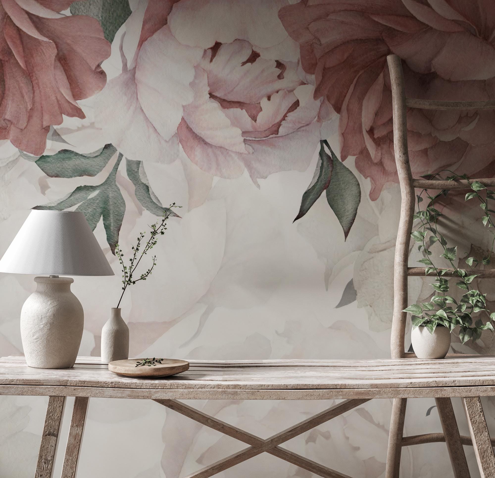 Big Floral Wallpaper: Soft Pink Watercolor Wall Mural, Peel and Stick - View 6