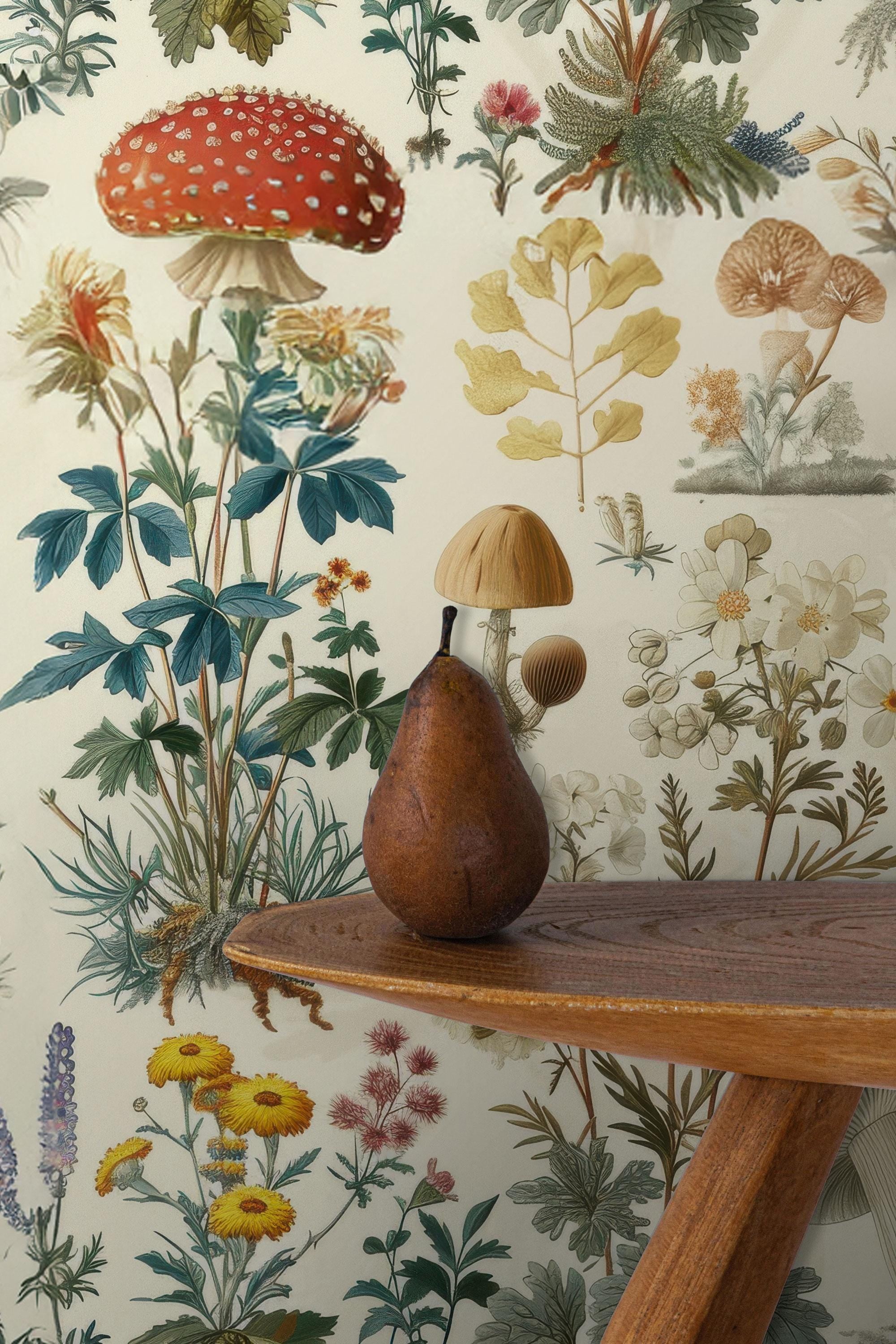Mushroom Botanical Wallpaper: Secret Garden Peel and Stick Wall Mural - View 4