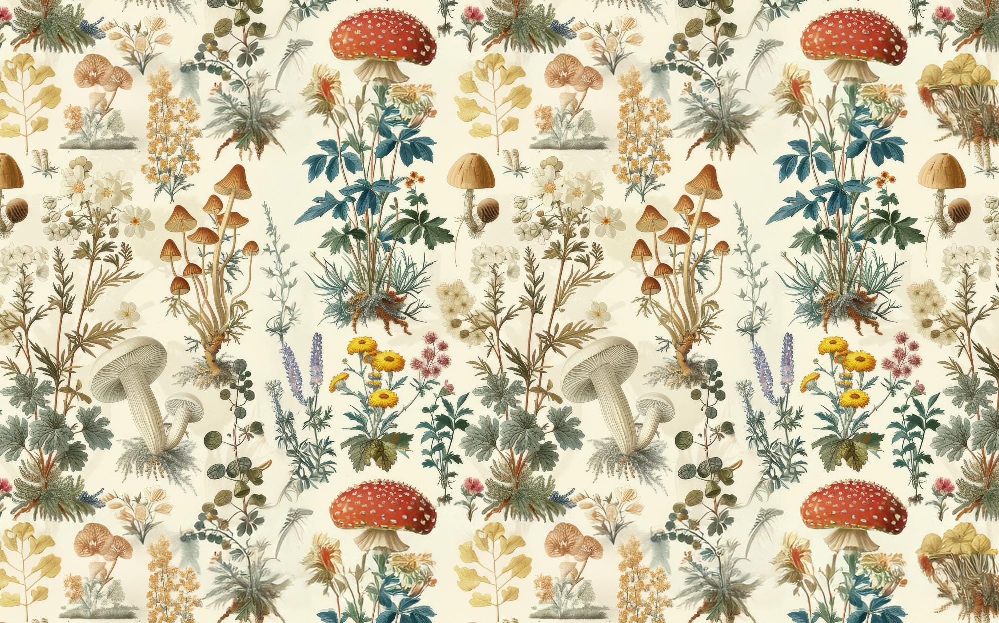 Mushroom Botanical Wallpaper: Secret Garden Peel and Stick Wall Mural - View 6