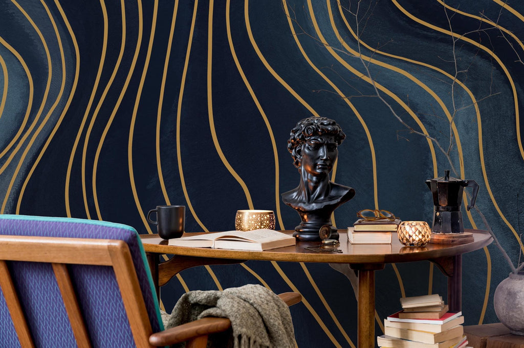 Blue Geometric Wallpaper: Navy & Gold Peel and Stick Wall Mural - View 3