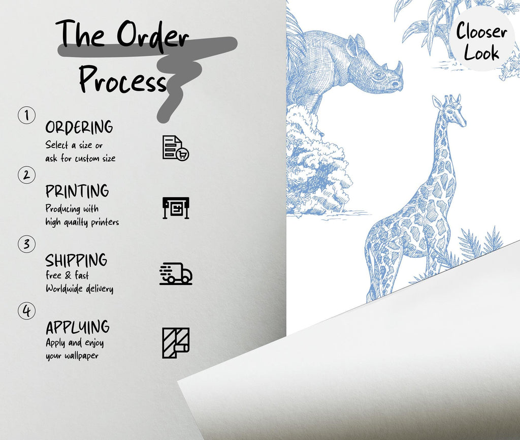 Blue Safari Toile Wallpaper: Jungle Animal Wall Mural - View 8
