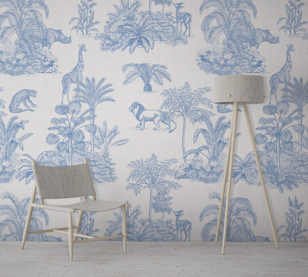 Blue Safari Toile Wallpaper: Jungle Animal Wall Mural - View 3