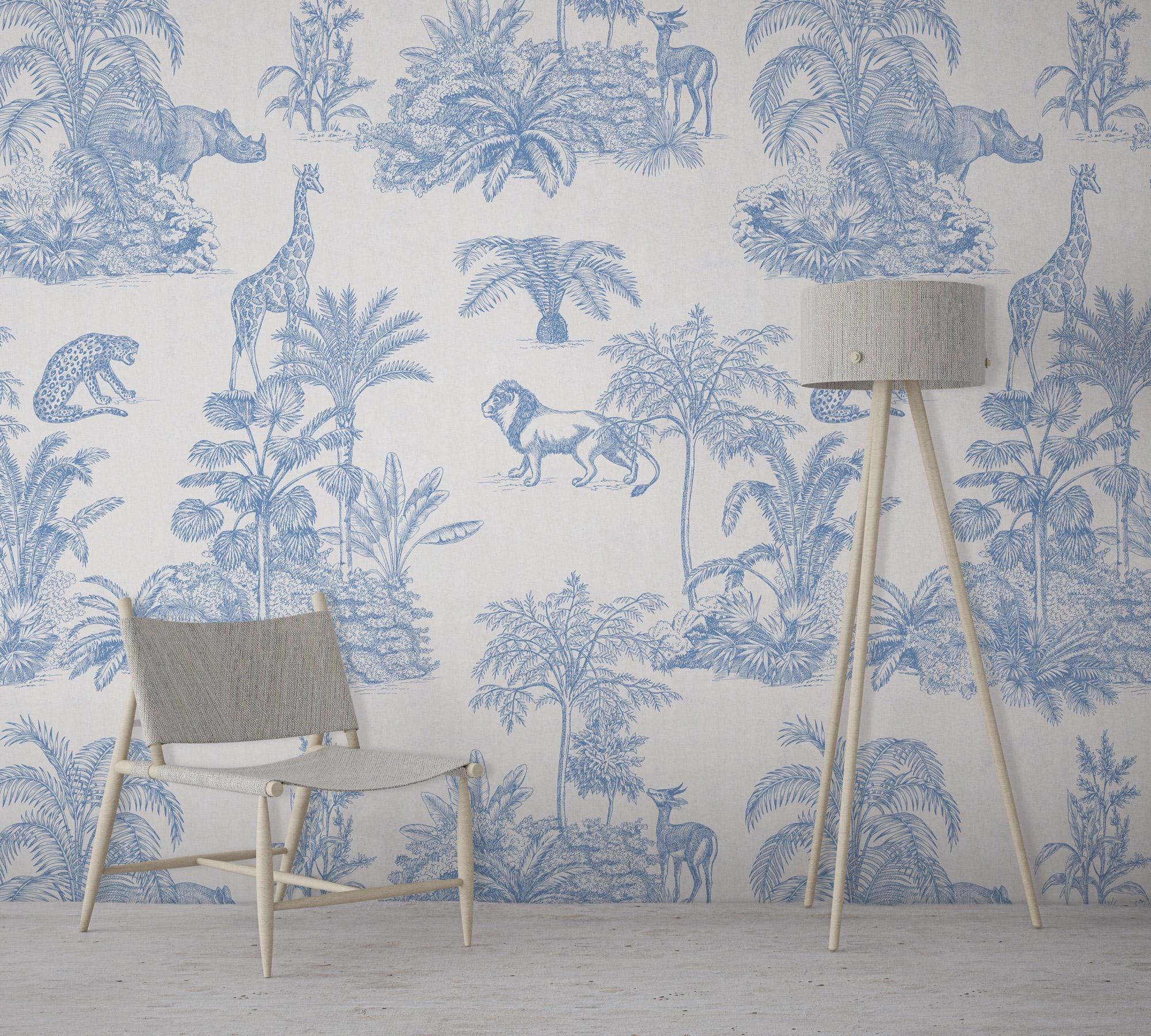 Blue Safari Toile Wallpaper: Jungle Animal Wall Mural - View 3