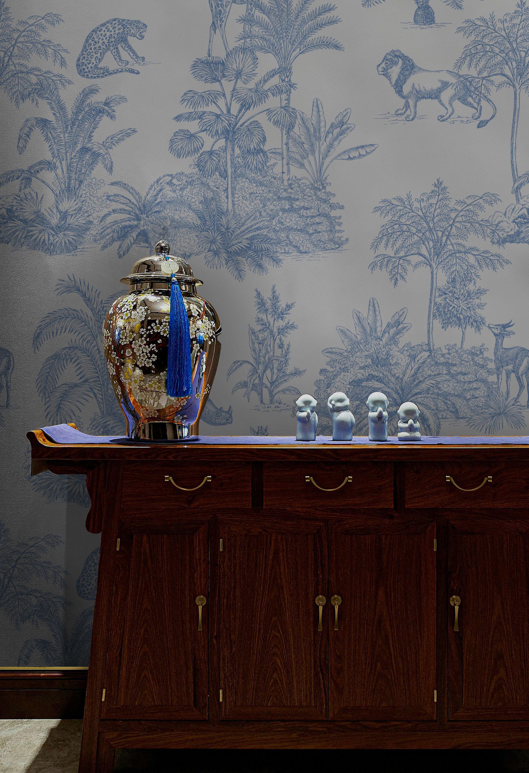 Blue Safari Toile Wallpaper: Jungle Animal Wall Mural - View 5