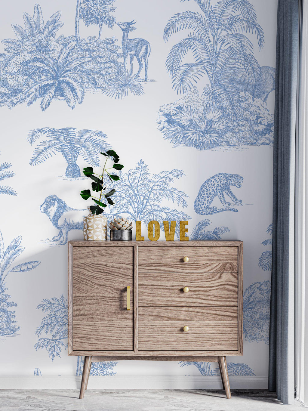 Blue Safari Toile Wallpaper: Jungle Animal Wall Mural - View 2