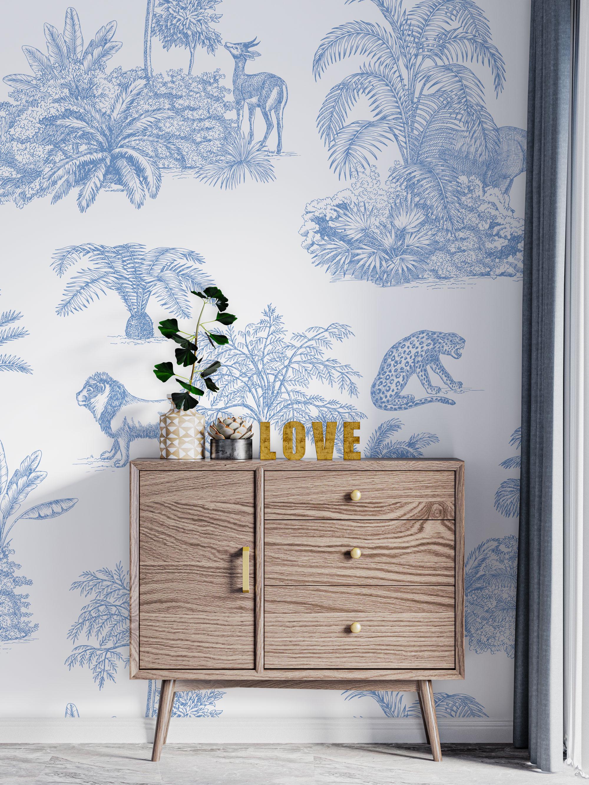Blue Safari Toile Wallpaper: Jungle Animal Wall Mural - View 2