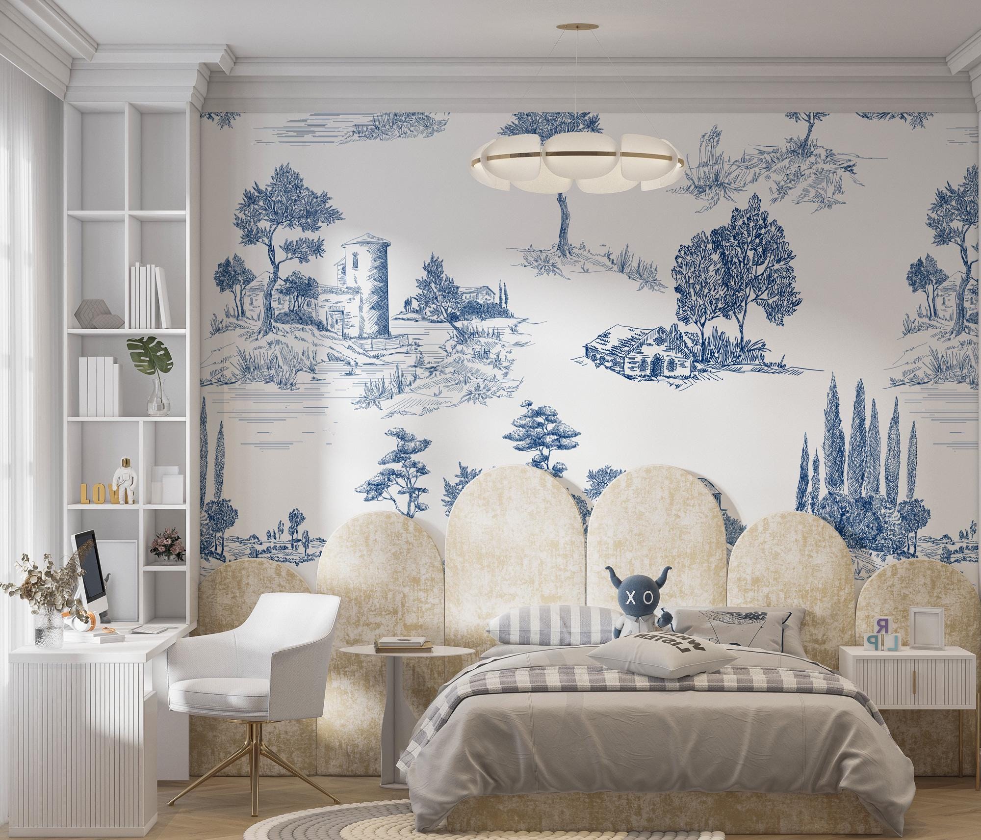 Blue Toile Farmhouse Wallpaper: Cottage Peel and Stick Decor - View 4