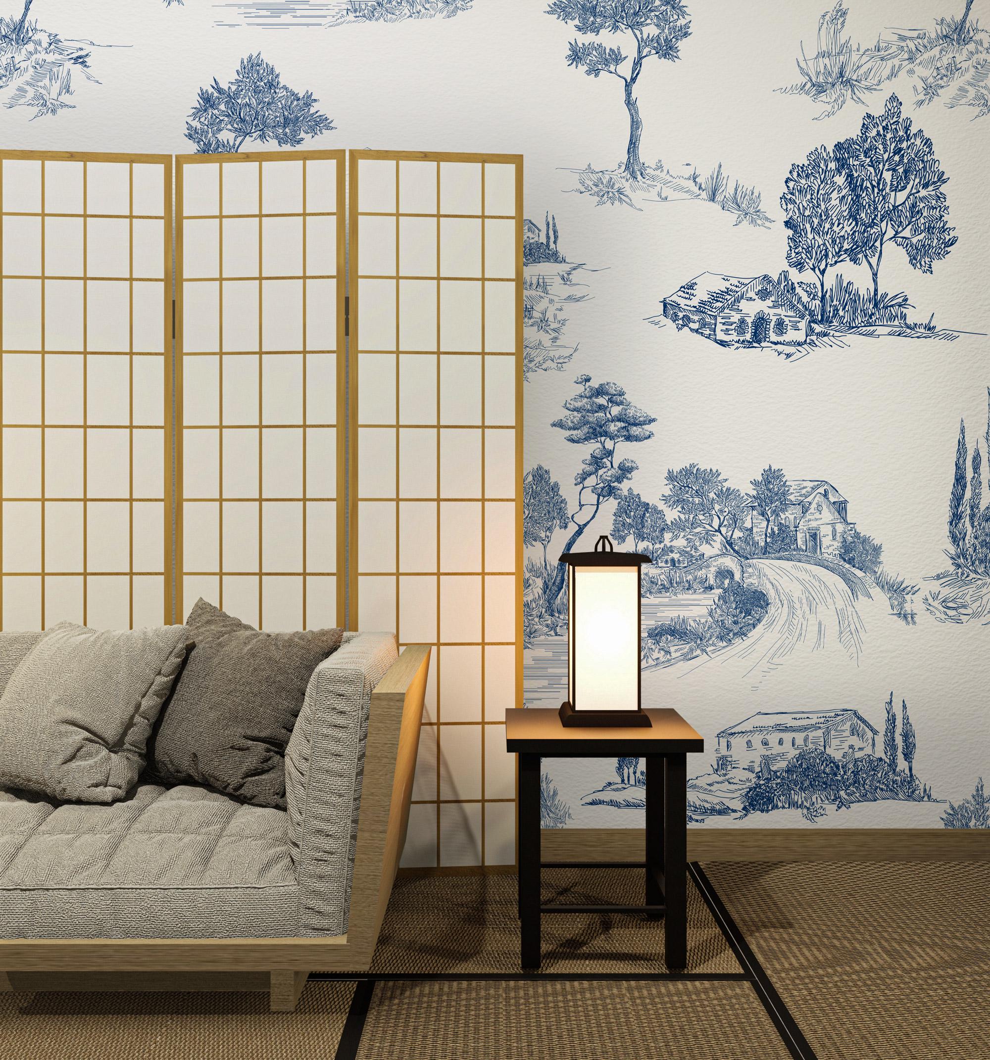 Blue Toile Farmhouse Wallpaper: Cottage Peel and Stick Decor - View 2