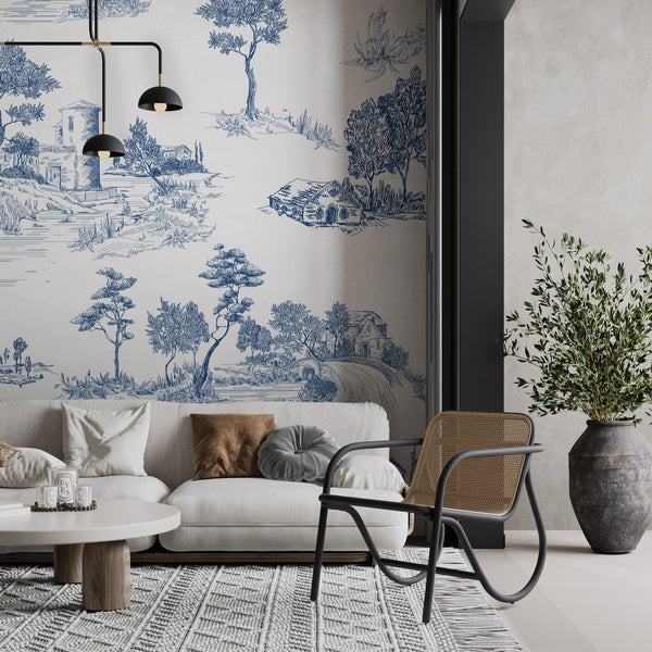 Blue Toile Farmhouse Wallpaper: Cottage Peel and Stick Decor