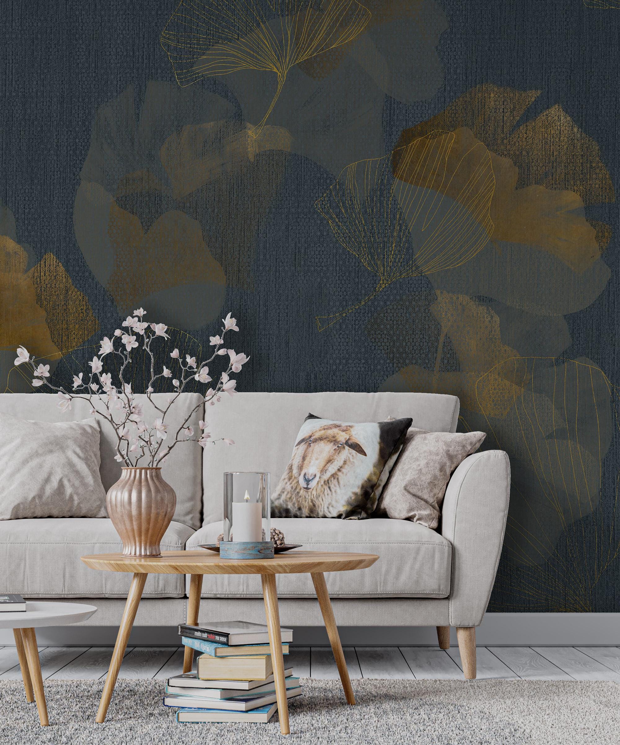 Navy and Gold Ginkgo Leaf Wallpaper: Luxe Peel and Stick Wall Mural - View 5