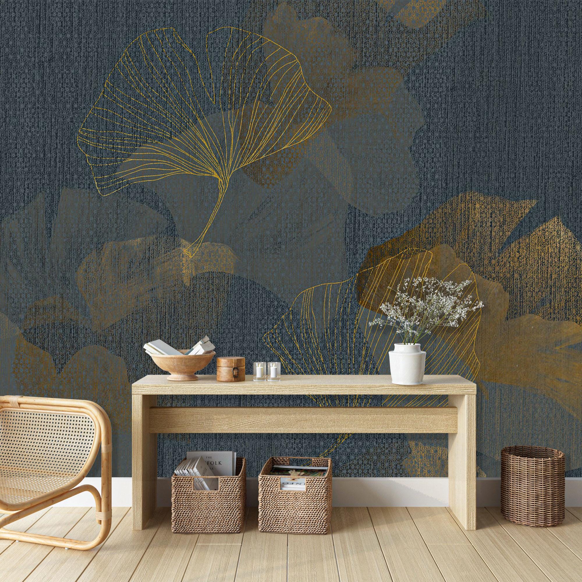 Navy and Gold Ginkgo Leaf Wallpaper: Luxe Peel and Stick Wall Mural